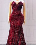 Maroon Sequin Evening Prom Dress Mermaid Strapless