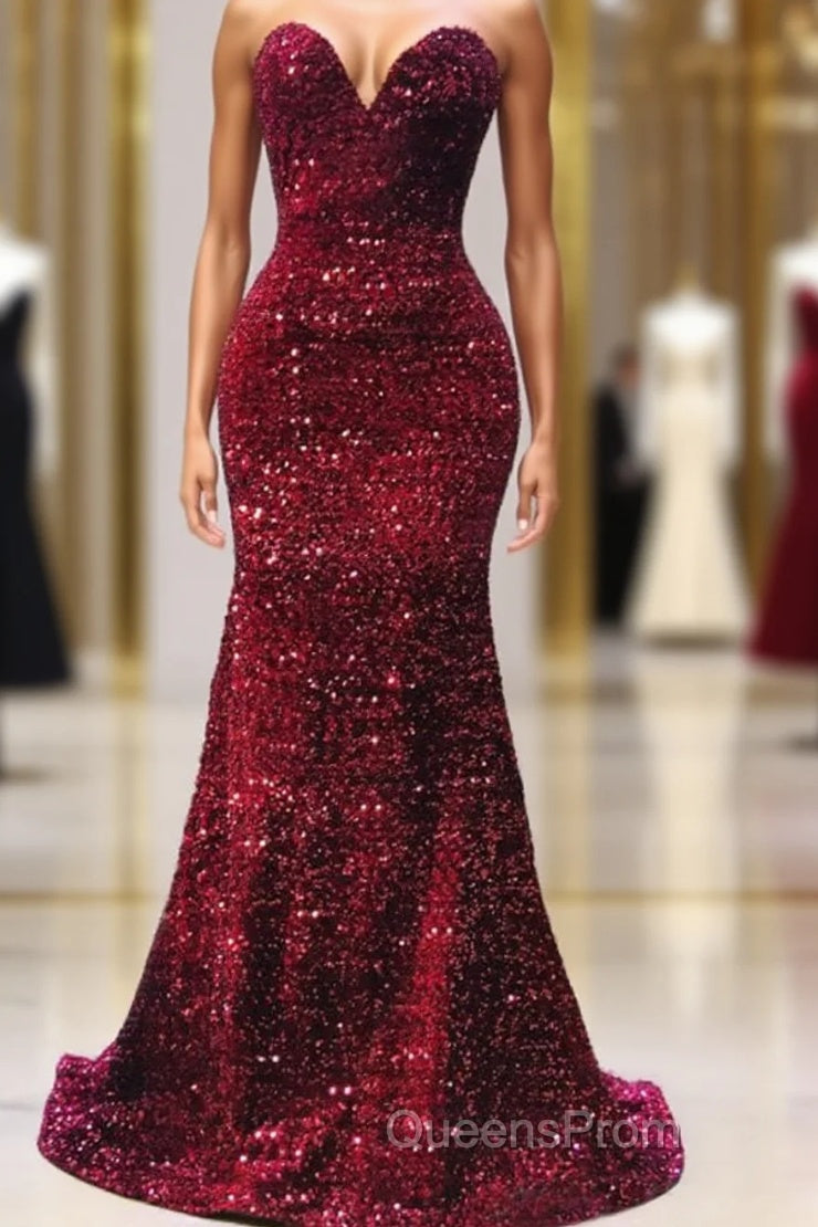 Maroon Sequin Evening Prom Dress Mermaid Strapless Main image