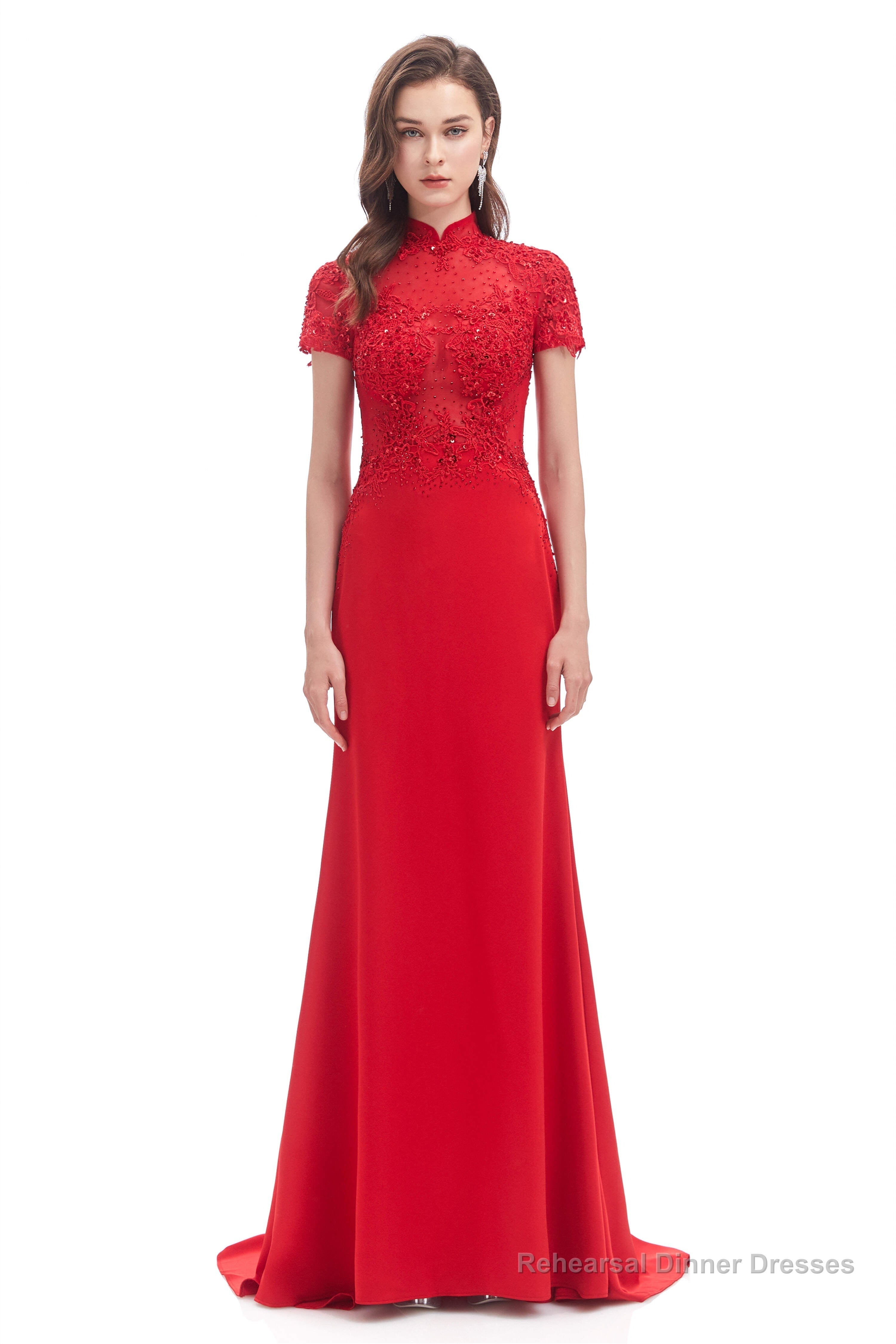 Mermaid Appliques Beading High Neck Short Sleeve Prom Dresses Main image