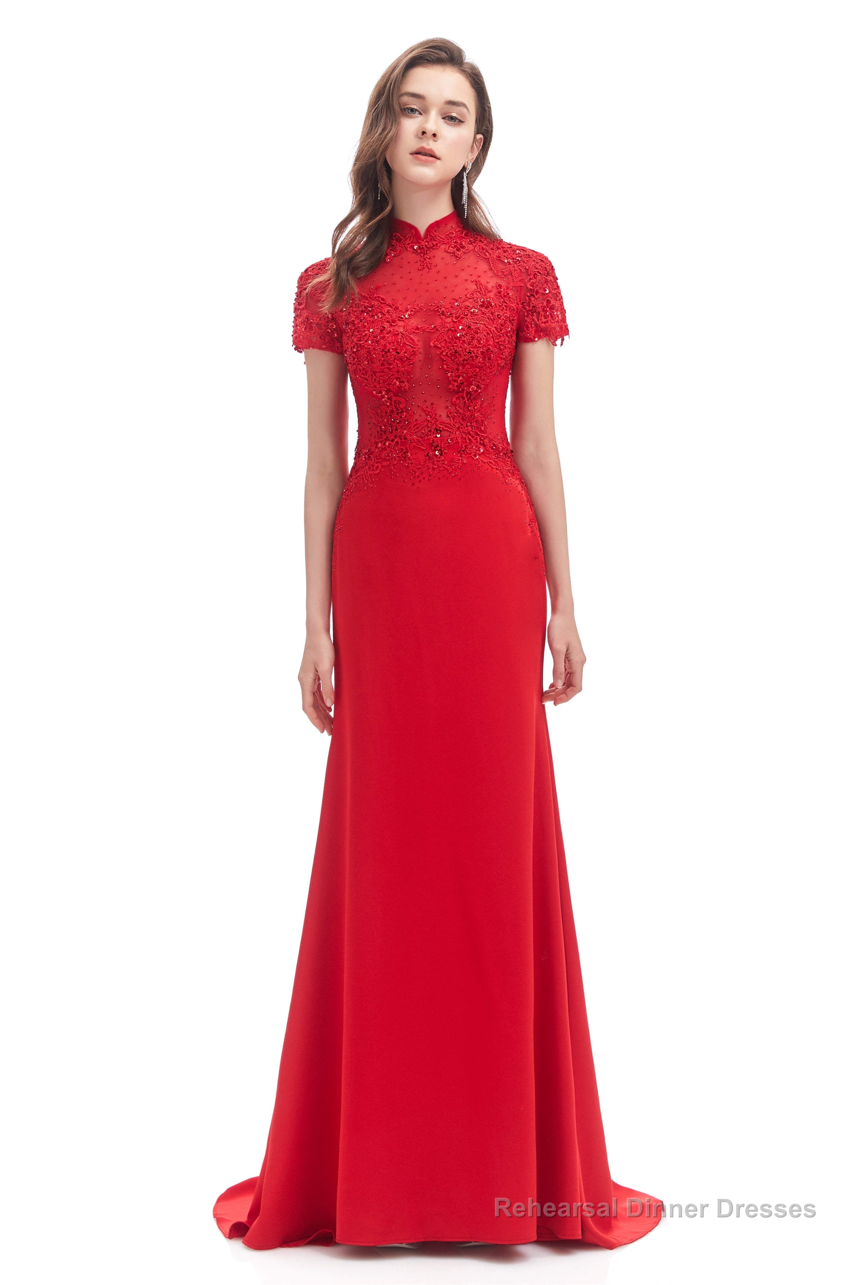 Mermaid Appliques Beading High Neck Short Sleeve Prom Dresses Secondary image