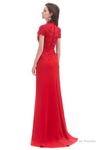 Mermaid Appliques Beading High Neck Short Sleeve Prom Dresses