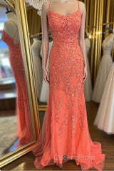 Mermaid Backless Orange Lace Long Evening Prom Dress, Mermaid Orange Lace Formal Dress, Orange Lace Evening Dress