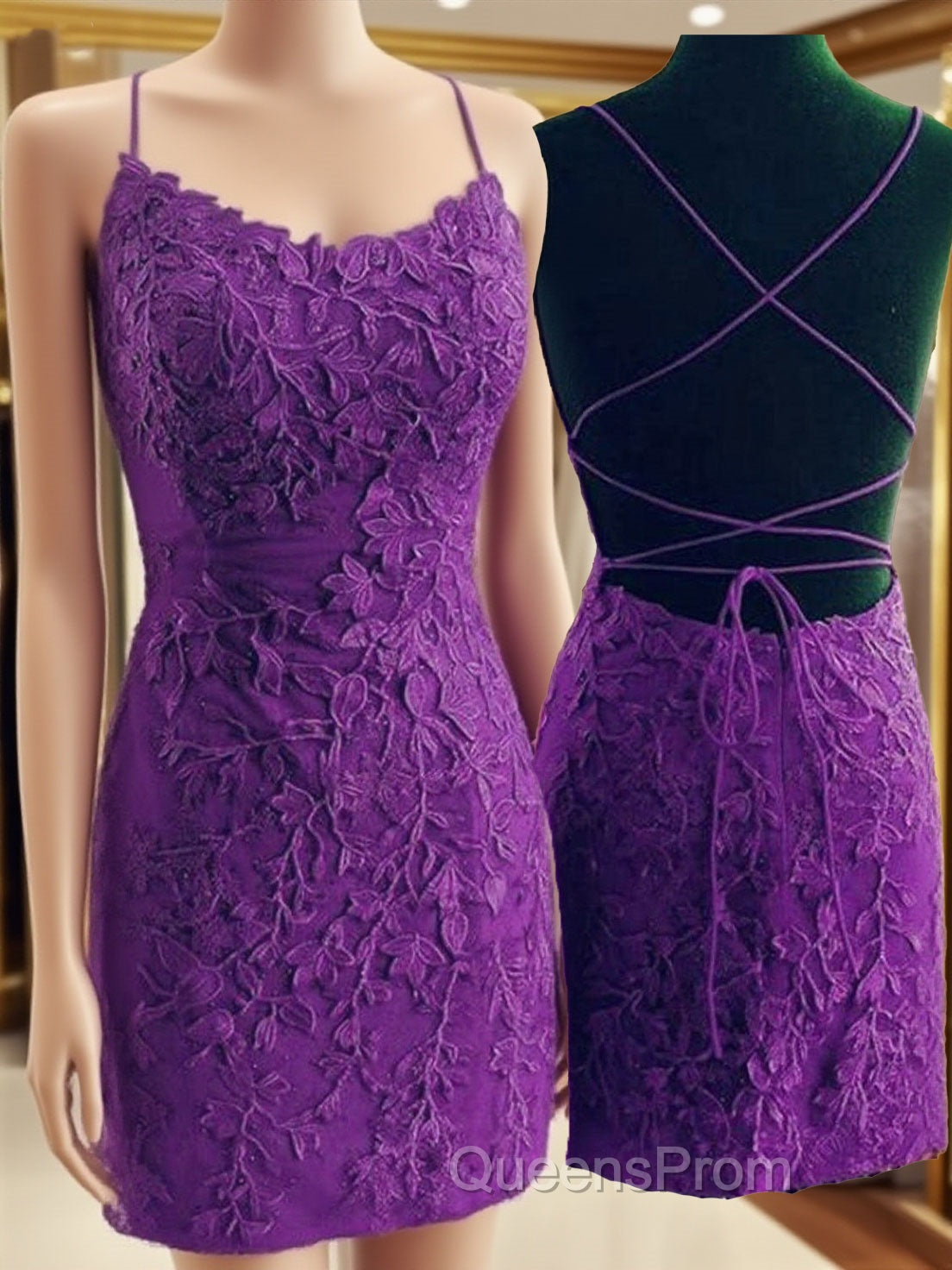 Mermaid Backless Purple Lace Evening Prom Dress, Mermaid Purple Homecoming Dress, Short Purple Lace Formal Evening Dress Main image