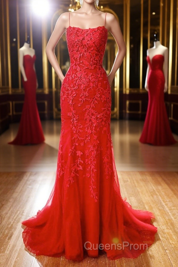 Mermaid Backless Red Lace Long Evening Prom Dress, Mermaid Red Formal Dress, Red Lace Evening Dress Main image