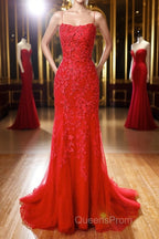 Mermaid Backless Red Lace Long Evening Prom Dress, Mermaid Red Formal Dress, Red Lace Evening Dress