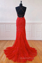 Mermaid Backless Red Lace Long Evening Prom Dress, Mermaid Red Formal Dress, Red Lace Evening Dress