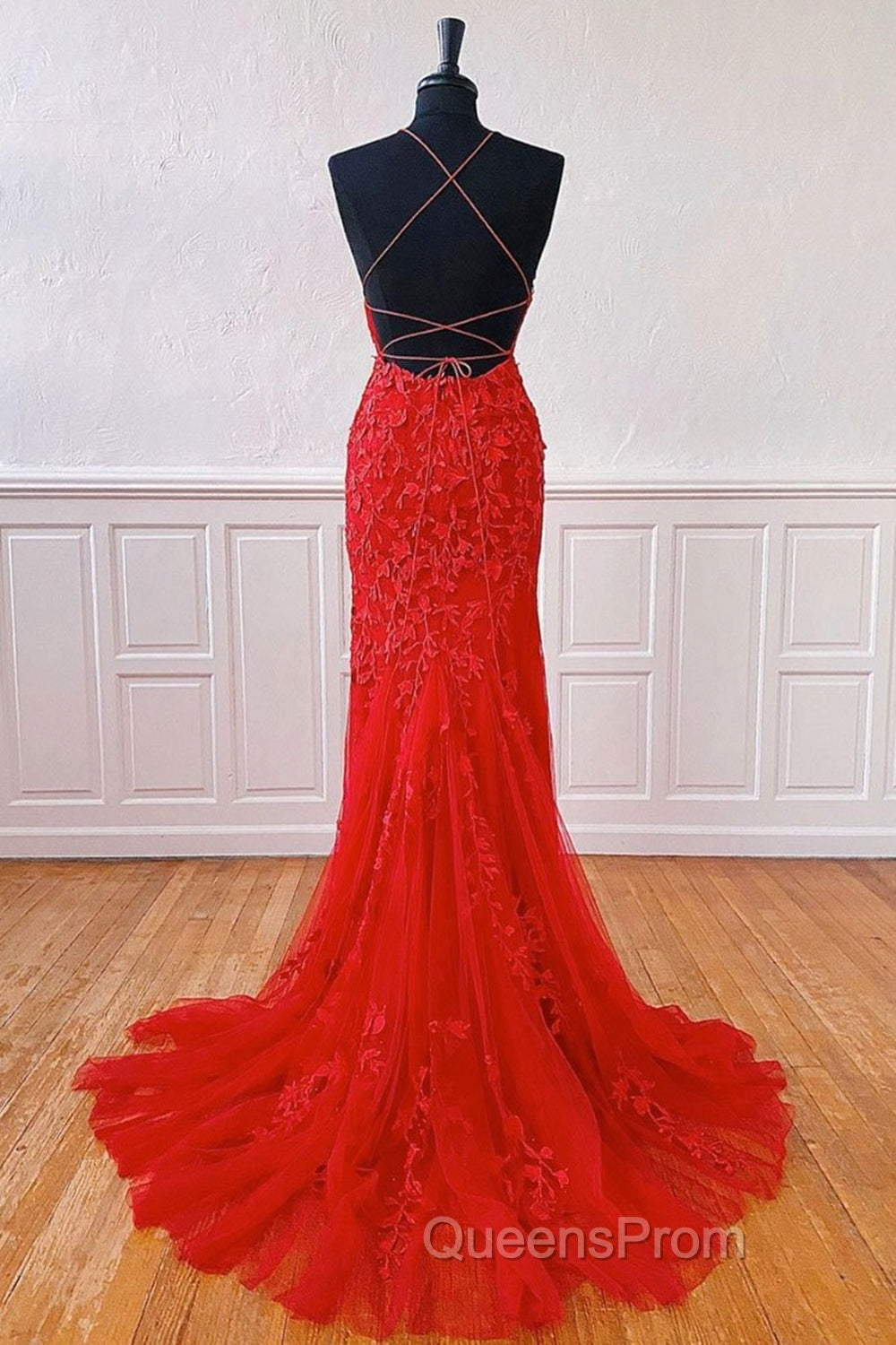 Mermaid Backless Red Lace Long Evening Prom Dress, Mermaid Red Formal Dress, Red Lace Evening Dress