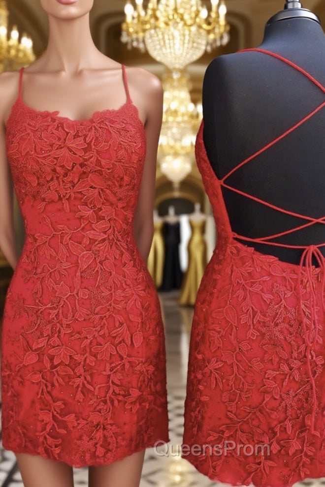 Mermaid Backless Short Red Lace Evening Prom Homecoming Dress, Mermaid Red Formal Dress, Red Lace Evening Dress Main image