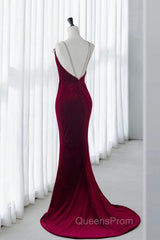 Mermaid Backless Velvet Burgundy Long Evening Prom Dress With Beads