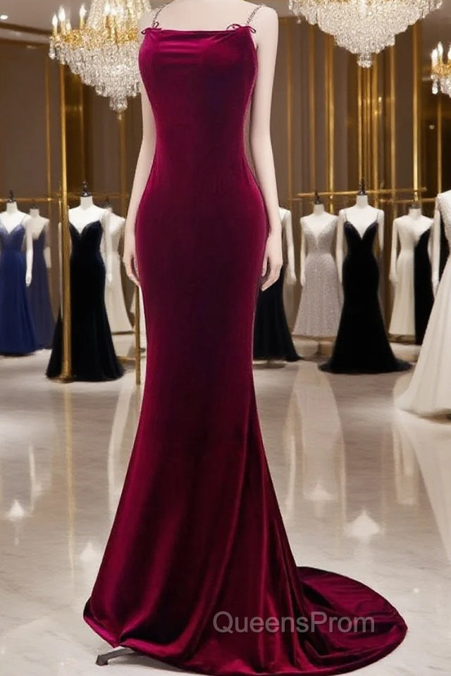 Mermaid Backless Velvet Burgundy Long Evening Prom Dress With Beads Main image