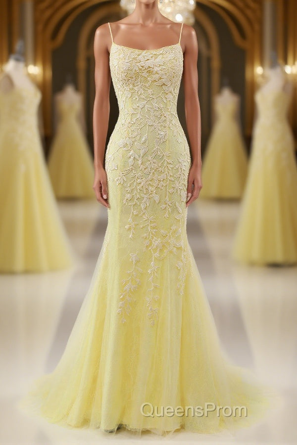Mermaid Backless Yellow Lace Long Evening Prom Dress, Mermaid Yellow Formal Dress, Yellow Lace Evening Dress Main image