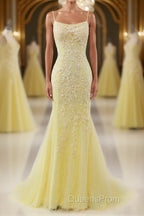 Mermaid Backless Yellow Lace Long Evening Prom Dress, Mermaid Yellow Formal Dress, Yellow Lace Evening Dress