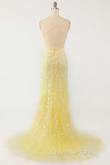 Mermaid Backless Yellow Lace Long Evening Prom Dress, Mermaid Yellow Formal Dress, Yellow Lace Evening Dress