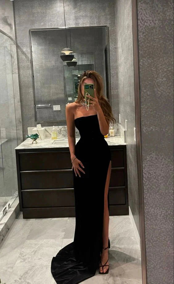 Black Fashion Elegant Mermaid Fishtail Slim Fit Long Satin Ball Gown Classy Evening Dress Party Dress