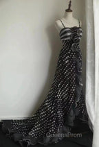 Mermaid Black Spaghetti Strap Chiffon Long Evening Prom Skirt Polka Dot Evening Dress