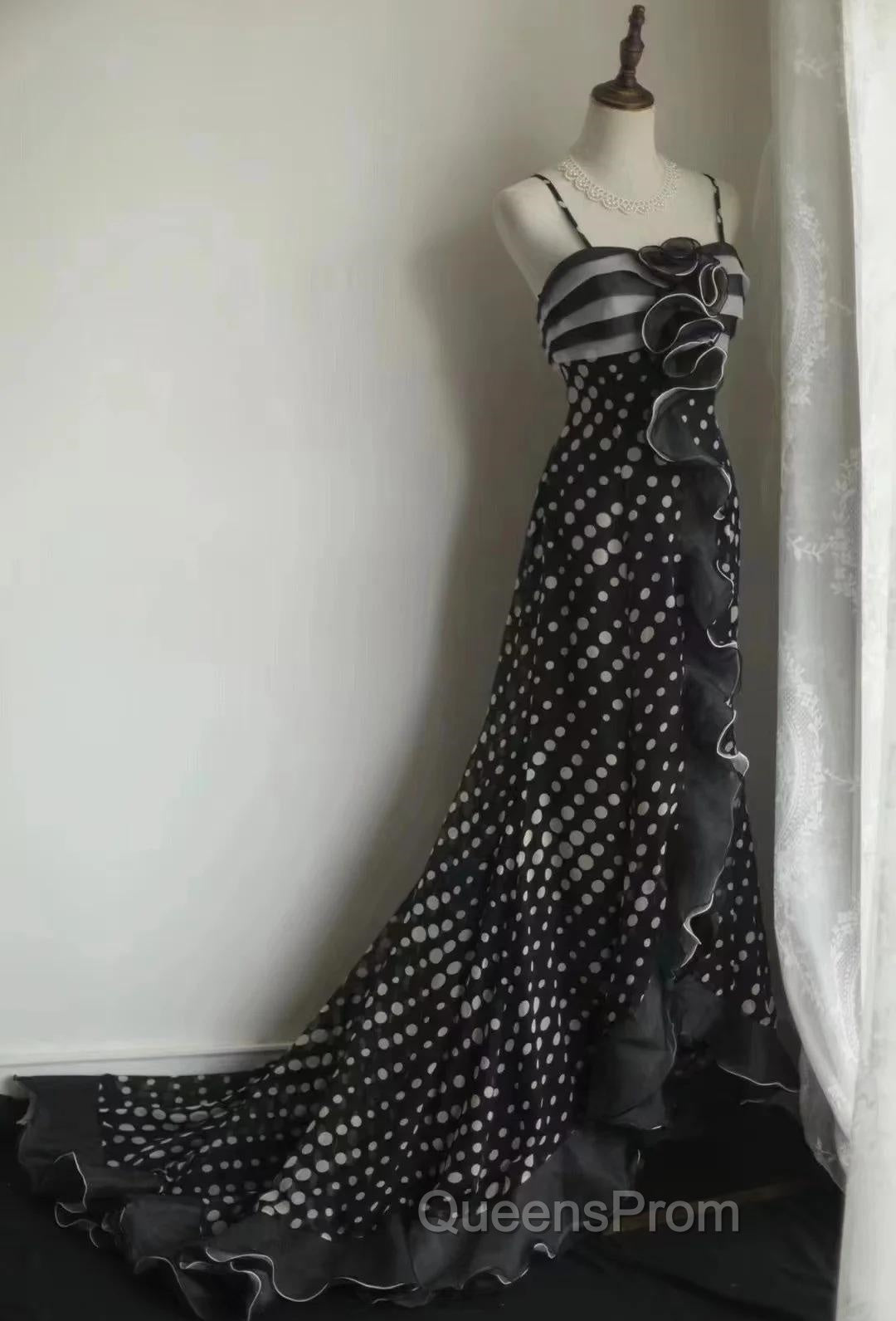Mermaid Black Spaghetti Strap Chiffon Long Evening Prom Skirt Polka Dot Evening Dress