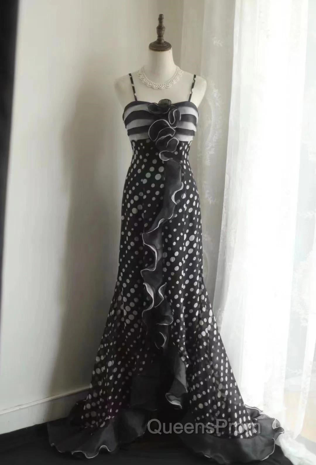 Mermaid Black Spaghetti Strap Chiffon Long Evening Prom Skirt Polka Dot Evening Dress