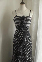Mermaid Black Spaghetti Strap Chiffon Long Evening Prom Skirt Polka Dot Evening Dress
