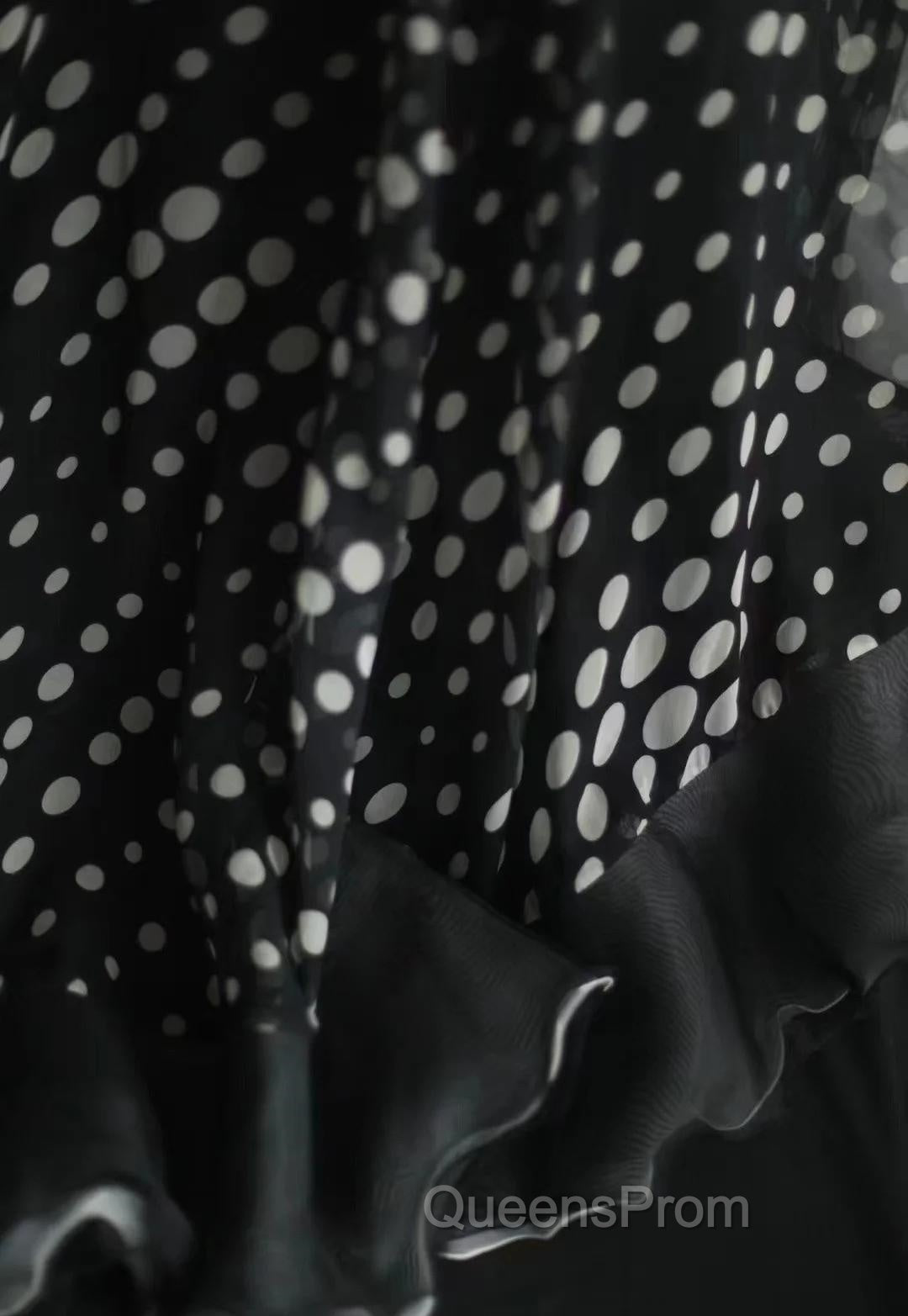 Mermaid Black Spaghetti Strap Chiffon Long Evening Prom Skirt Polka Dot Evening Dress