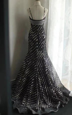 Mermaid Black Spaghetti Strap Chiffon Long Evening Prom Skirt Polka Dot Evening Dress