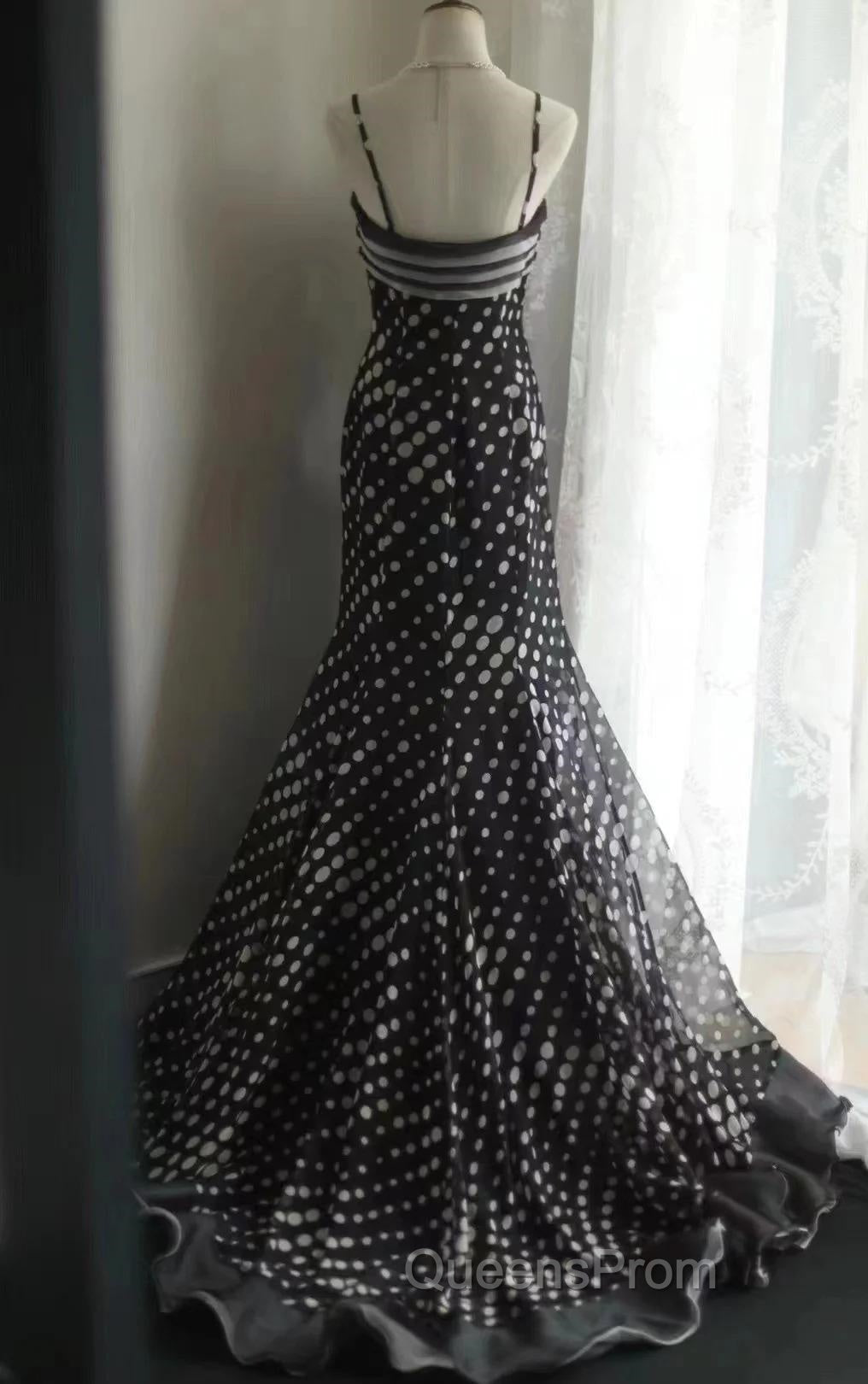 Mermaid Black Spaghetti Strap Chiffon Long Evening Prom Skirt Polka Dot Evening Dress