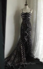 Mermaid Black Spaghetti Strap Chiffon Long Evening Prom Skirt Polka Dot Evening Dress