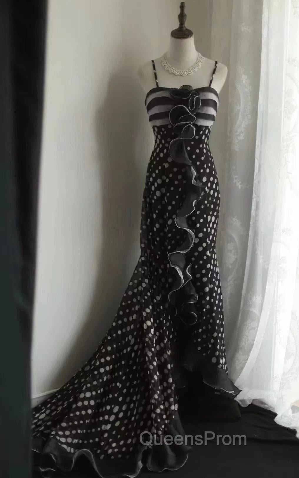 Mermaid Black Spaghetti Strap Chiffon Long Evening Prom Skirt Polka Dot Evening Dress