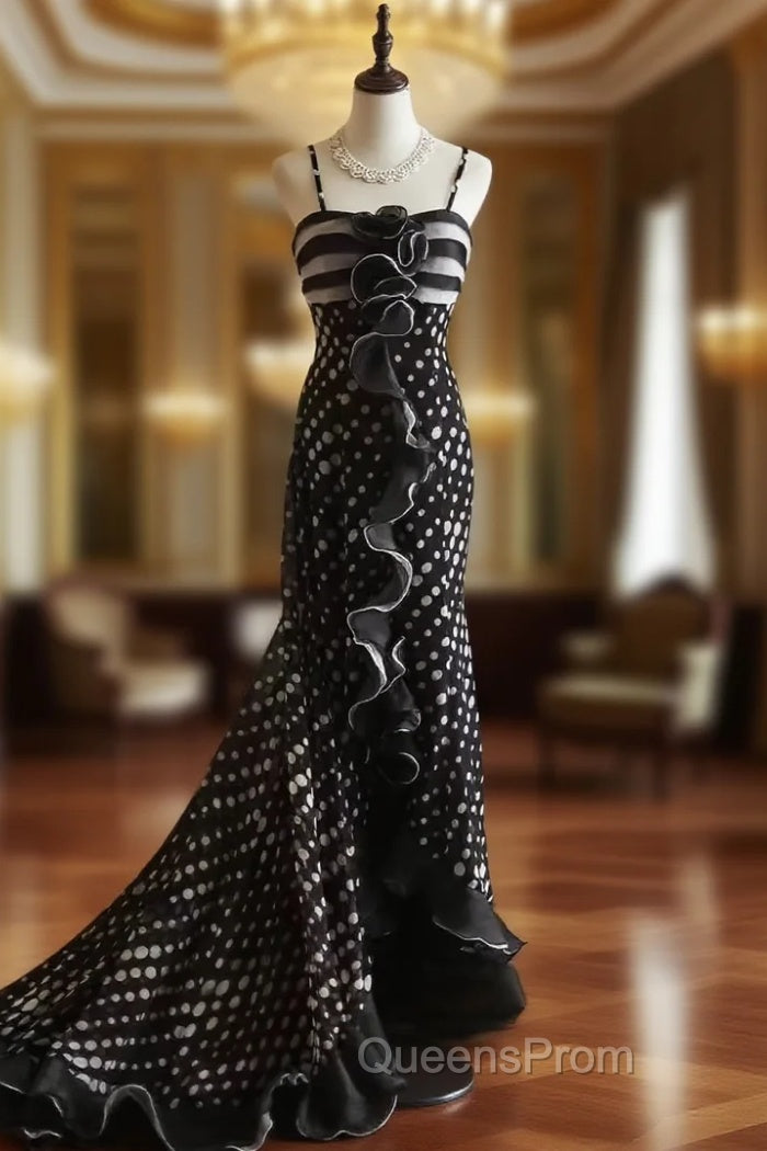 Mermaid Black Spaghetti Strap Chiffon Long Evening Prom Skirt Polka Dot Evening Dress Main image
