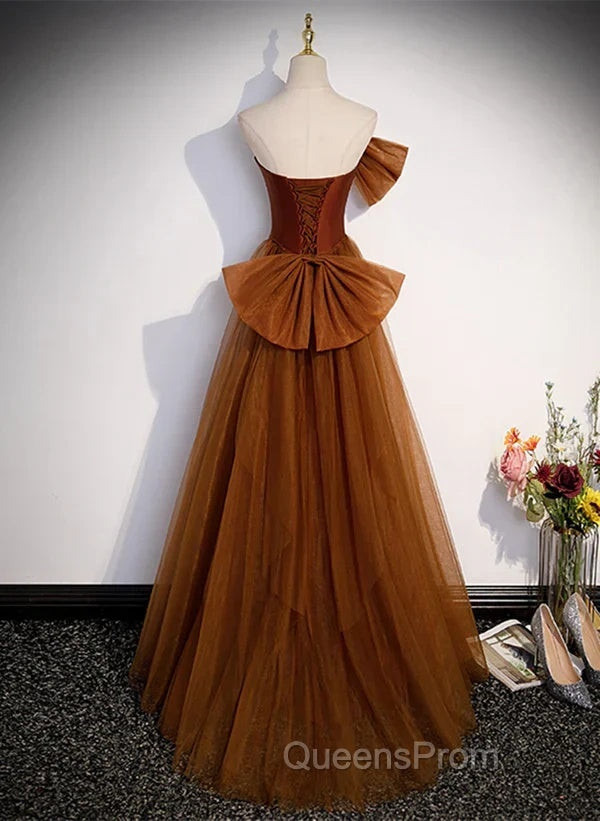 Mermaid Brown Tulle Satin Strapless Long Party Dress Formal Dress Evening Prom Dress With Bow(S)