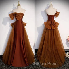 Mermaid Brown Tulle Satin Strapless Long Party Dress Formal Dress Evening Prom Dress With Bow(S)