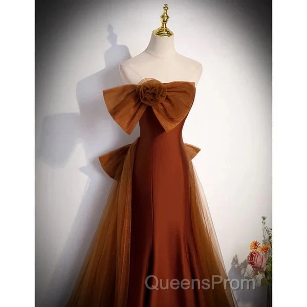 Mermaid Brown Tulle Satin Strapless Long Party Dress Formal Dress Evening Prom Dress With Bow(S)