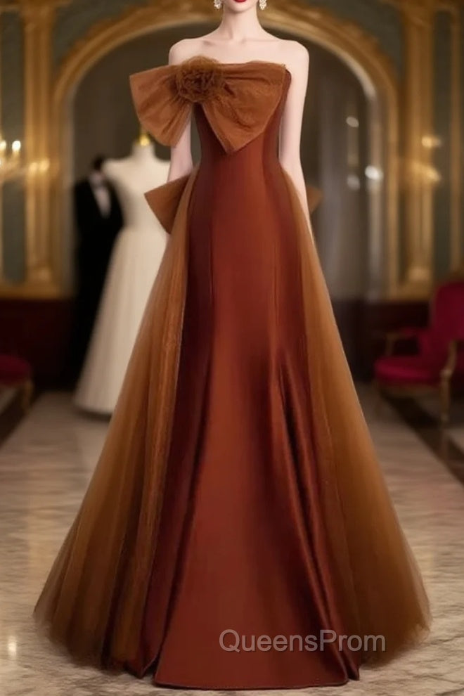 Mermaid Brown Tulle Satin Strapless Long Party Dress Formal Dress Evening Prom Dress With Bow(S) Main image