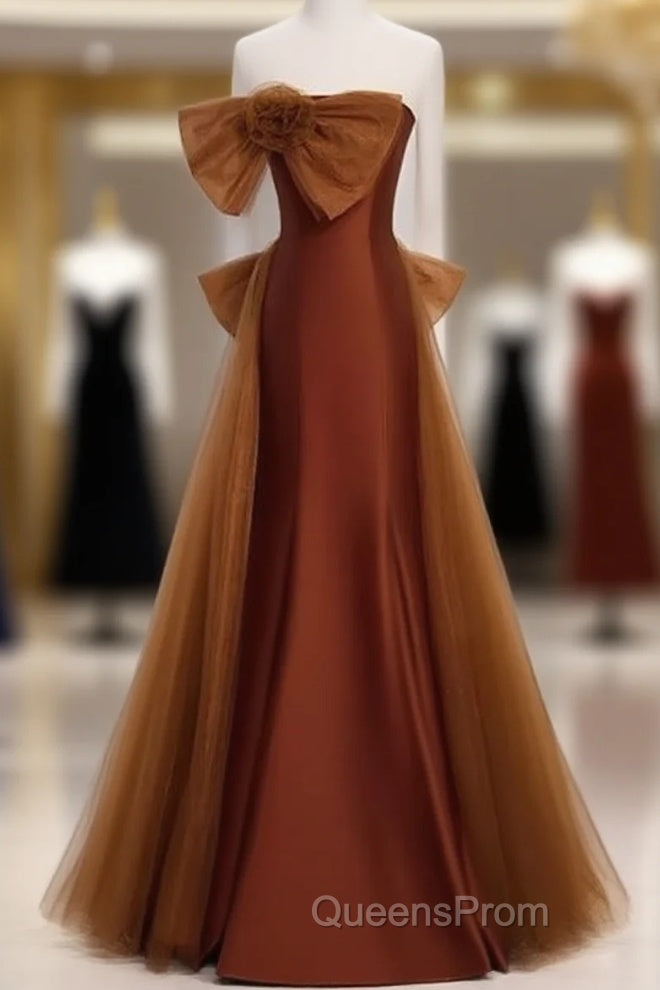 Mermaid Brown Tulle Satin Strapless Long Party Dress Formal Dress Evening Prom Dress Main image