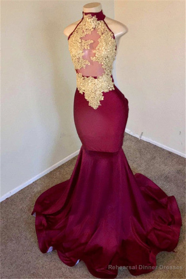 Mermaid Burgundy High-Neck Applique Sleevless Prom Dresses Secondary image