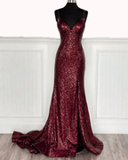 Mermaid Burgundy Sequin Floor Length Classy Prom Dress 22Th Birthday Outfit