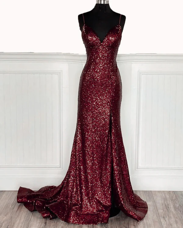 Mermaid Burgundy Sequin Floor Length Classy Prom Dress 22Th Birthday Outfit