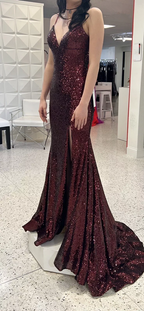 Mermaid Burgundy Sequin Floor Length Classy Prom Dress 22Th Birthday Outfit