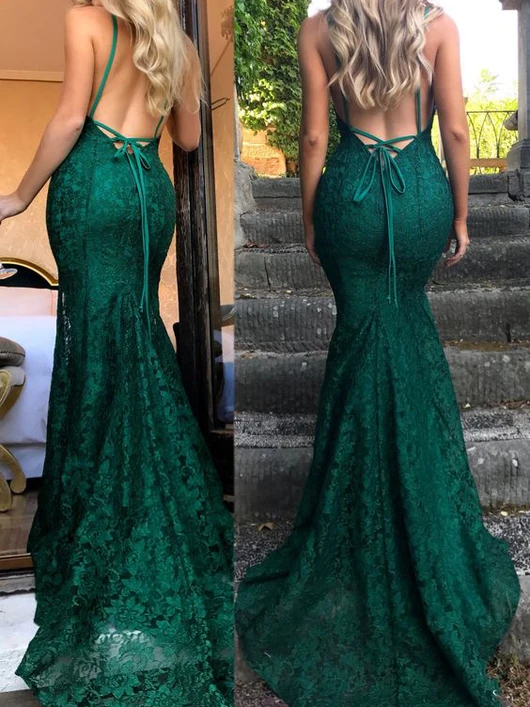 Mermaid Dark Green Classy Prom Dress, Lace Long Classy Prom Dress, Spaghetti Straps Backless Classy Prom Dress Secondary image