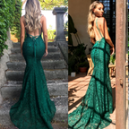 Mermaid Dark Green Classy Prom Dress, Lace Long Classy Prom Dress, Spaghetti Straps Backless Classy Prom Dress