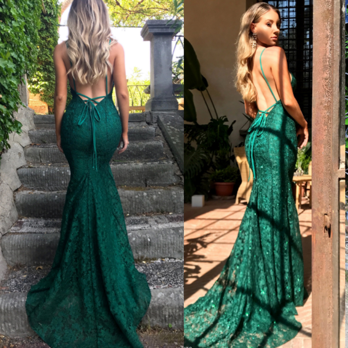 Mermaid Dark Green Classy Prom Dress, Lace Long Classy Prom Dress, Spaghetti Straps Backless Classy Prom Dress