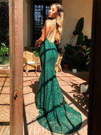 Mermaid Dark Green Classy Prom Dress, Lace Long Classy Prom Dress, Spaghetti Straps Backless Classy Prom Dress