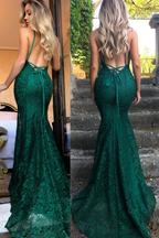 Mermaid Dark Green Classy Prom Dress, Lace Long Classy Prom Dress, Spaghetti Straps Backless Classy Prom Dress