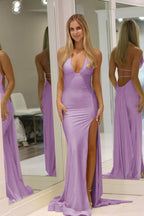 Mermaid Deep Halter Satin Long Prom Dresses with Slit