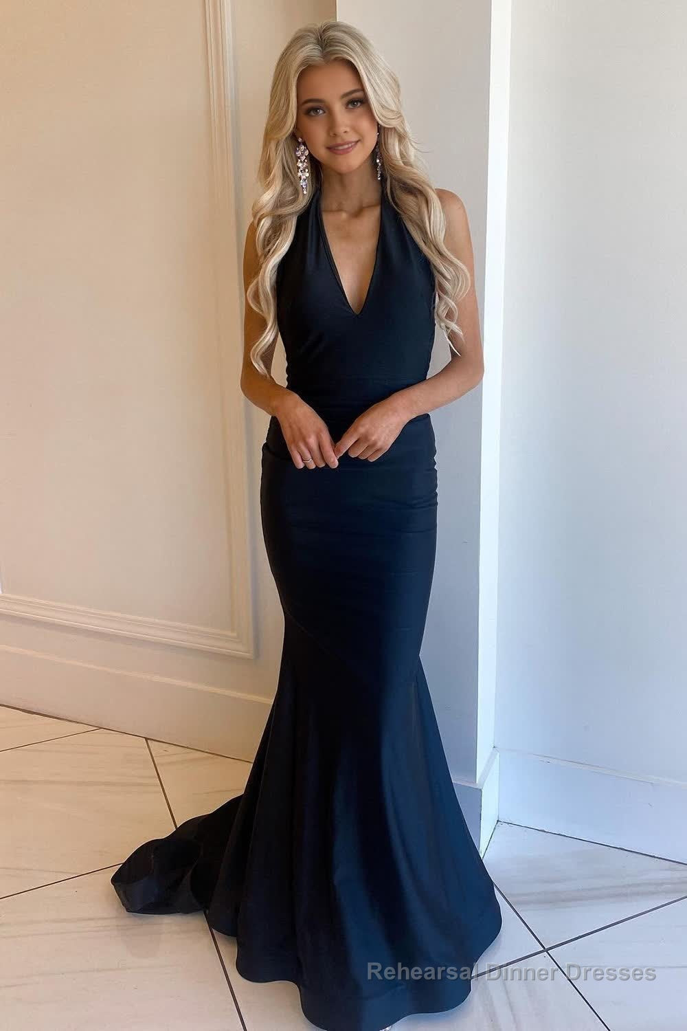 Mermaid Deep V Neck Black Long Prom Dress with Open Back Main image