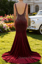 Mermaid Deep V Neck Burgundy Long Prom Dress with Beading