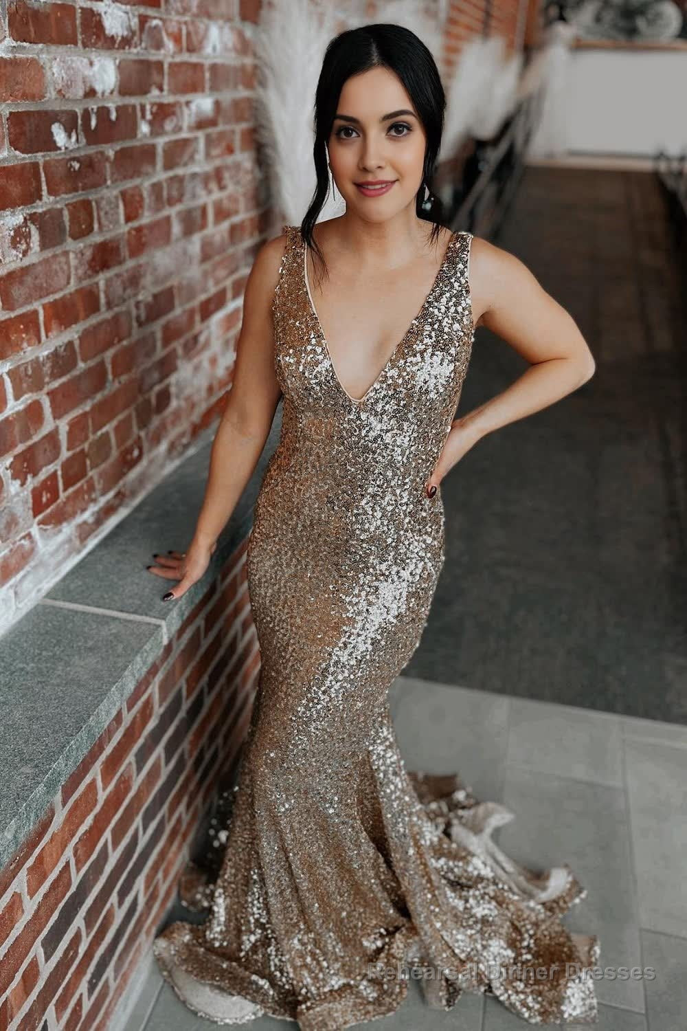 Mermaid Deep V Neck Champagne Sequins Long Prom Dress with Sweep Train Main image