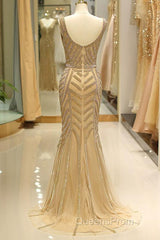 Mermaid Deep V-Neck Gold Beaded Evening Prom Dress