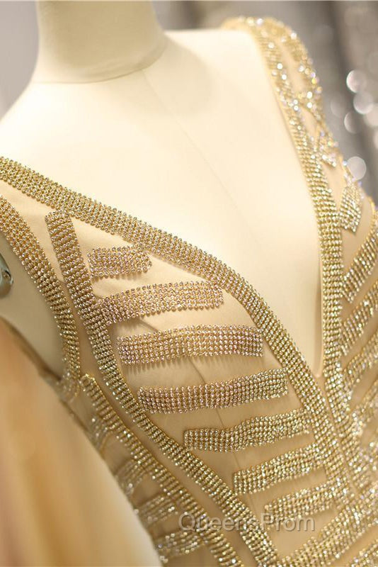 Mermaid Deep V-Neck Gold Beaded Evening Prom Dress