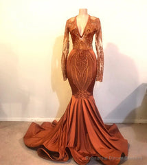 Mermaid Deep V-neck Long Sleeve Floor Length Chiffon Embroidery Prom Dress