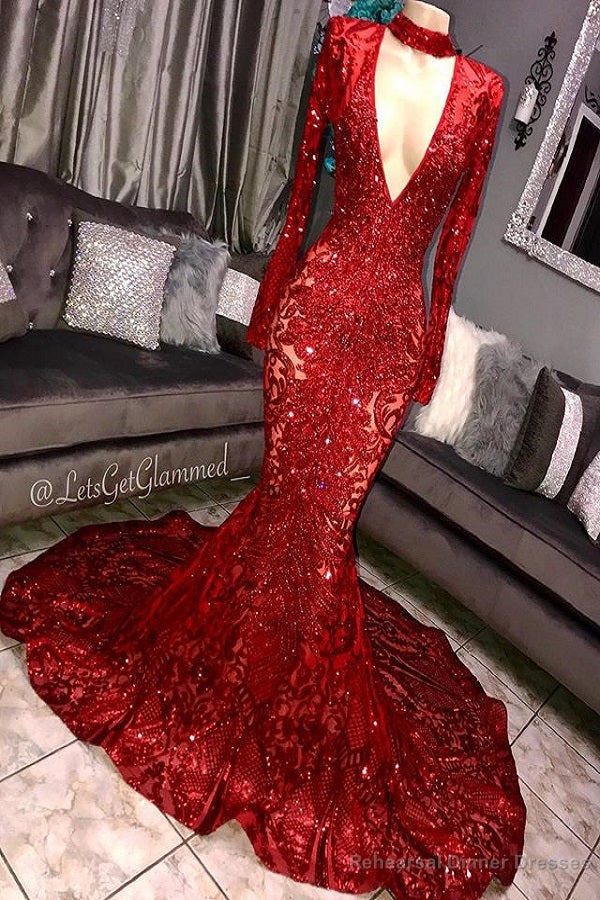 Mermaid Deep V-neck Round Collar Long Sleeve Floor Length Crochet Flower Embroidery Prom Dress Main image